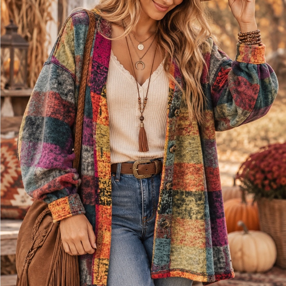 Cozy Multi-Color Plaid Button-Up Cardigan Sweater